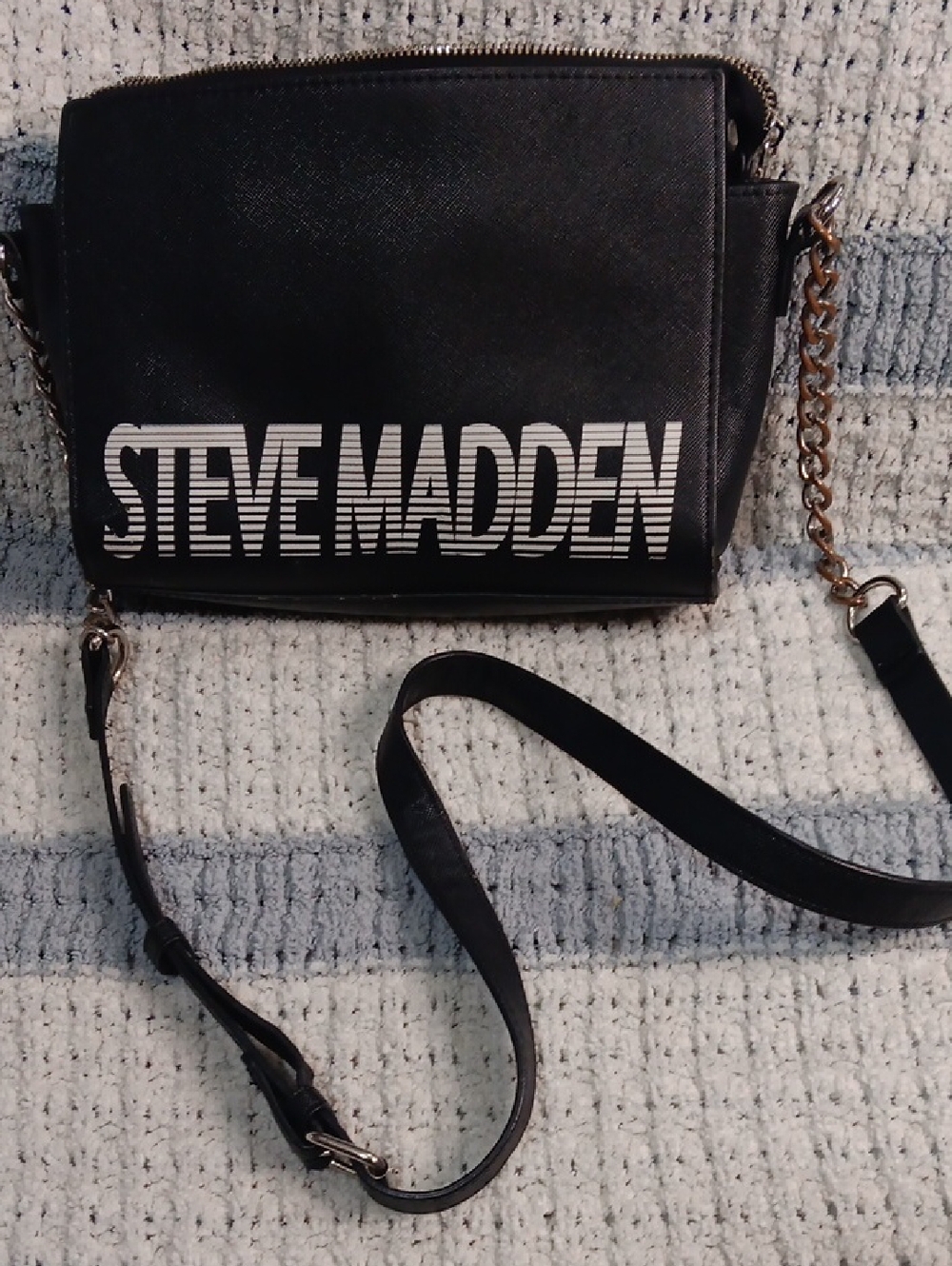 Steve Madden Black Crossbody with White Logo and Gold Chain